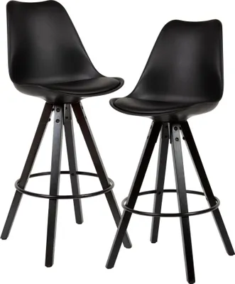 Image de WOHNLING Lot de 2 tabourets de bar noir similicuir / bois massif Chaise de bar scandinave 2 pièces avec pieds noirs Tabouret de comptoir avec dossier Hauteur d'assise 77 cm