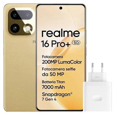 Produktbild von Realme 16 Pro+ 5G Smartphone 12 GB/512 GB, 6,8-Zoll-AMOLED-Curved-Display mit 144 Hz, 200-MP-Kamera mit OIS, 7000-mAh-Akku, 80-W-Schnellladung, Snapdragon 7 Gen 4, Android 16, Dual-SIM, Gold