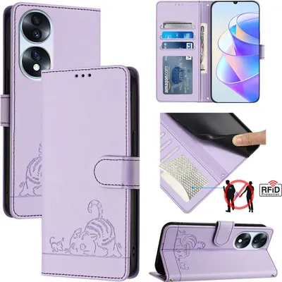 Produktbild von Leder Hülle für Honor 70 Süße Katze Flip Case Brieftasche Schutzhülle mit Standfunktion Lila