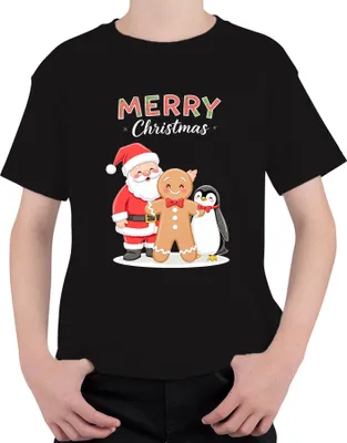 Produktbild von Merry Christmas Weihnachtsmann Lebkuchenmann Pinguin Weihnachten Uni Kinder T-Shirt, Schwarz, 140