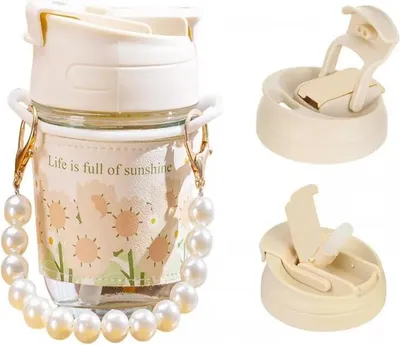 A glass bottle with a decorative sleeve and pearl-like embellishments, shown with two different lid options.