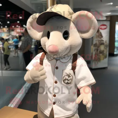 Produktbild von Cremefarbener REDBROKOLY Maus Maskottchen Kostüm charakter bekleidet mit einem Polo-Shirt und Stirnbändern