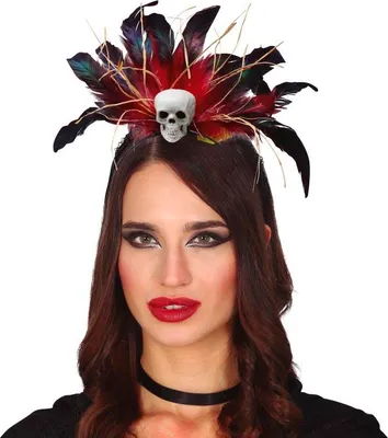 Produktbild von Voodoo Hexe Halloween Haarreif Mit Totenkopf Federn Schaurige Deko, Farbe: Mehrfarbig