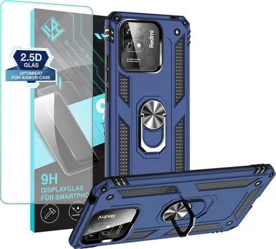 A blue phone case with a ring holder and a screen protector are displayed against a white background.
