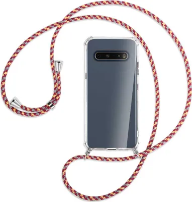 Produktbild von Handykette Backcover-Schutzhülle mit Band (Metall silberfarben) für LG V60 ThinQ - weinrot/gelb/grau