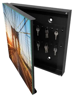 Produktbild von Schwarzer Metall-Schlüsselkasten, 30 x 30 cm – Schlüsselkasten zur Wandmontage mit Tür – Schlüsselkasten mit nach links öffnender Tür – praktischer Aufbewahrungsort für Schlüssel zu Hause – Die untergehende Sonne, KI-generiertes Bild