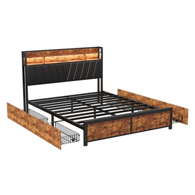 Obrázek produktu pro Čalouněná kovová postel 160 x 200 cm s čelem, 4 zásuvkami, LED osvětlením a nabíjecí stanicí