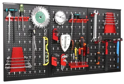 Produktbild von Wandorganizer Werkzeugwand Pegboard - Metall Lochwand 120 x 60 cm - Mit 17 Zubehörteilen - Für Werkbank und Garage - Rot