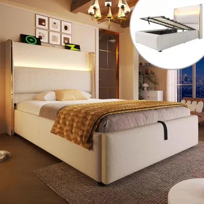 Zdjęcie produktu dla Pojedyncze łóżko z wysokim zagłówkiem, oświetleniem LED, schowkiem i złączami USB/Type-C, beżowy kolor lnu, nowoczesna konstrukcja hydrauliczna, 90x200 cm