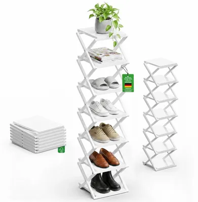 Immagine prodotto di Scaffale pieghevole per scarpe, 7 ripiani, bambù bianco, salvaspazio, multifunzionale