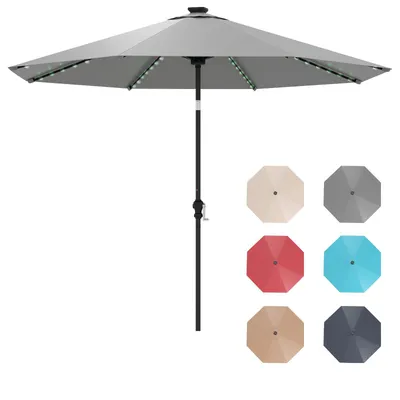 Produktbild von GOPLUS Sonnenschirm 300 cm mit LED Solar Beleuchtung, 9 Modi, um 35°knickbarer Terrassenschirm, Gartenschirm mit Kurbel, Grau