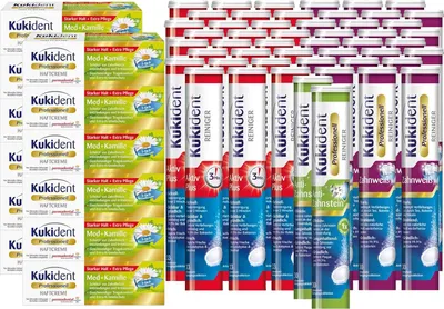 Produktbild von Kukident Set: Anti-Zahnstein 2x30 Tabs, Zahnweiß 24x30 Tabs, Aktiv Plus 24x33 Tabs, Haftcreme Med + Kamille 12x40g