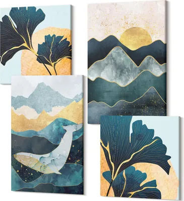 Produktbild von Wandbilder Leinwand 4-teilig –  – Polycanvas Kunstdruck – Moderne Bilder für Wohnzimmer & Schlafzimmer – Aufhängefertig – 2x 40x40 cm + 2x 40x60 cm – Abstrakte ästhetische Ansichten mit Bergen und Pflanzen