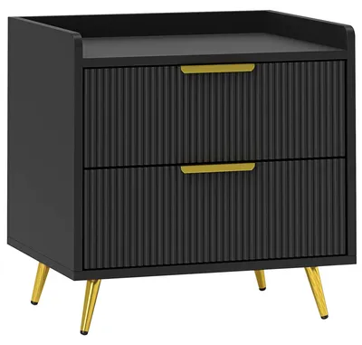 Imagen del producto de Mesita de noche - Cómoda con dos cajones con relieve - Patas de metal doradas - 50 x 40 x 50 cm - Negra