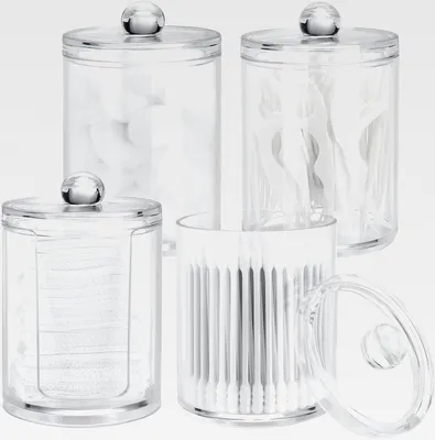 Produktbild von 4 Stück Wattestäbchen Behälter, Acryl Wattepads Aufbewahrung, Wattestäbchen Halter, Wattebällchen Behälter Box, Wattepadspender für Schminktisch Badezimmer (A)