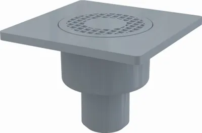 Produktbild von AlcaDrain Bodenablauf 150×150/50 mm mit einem senkrechten Abgang, Rost Grau, Geruchsverschluss mit Sperrwasser