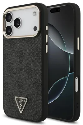 Obrázok produktu pre Guess puzdro zPolyuretánkože so 4G logom v tvare trojuholníka zdobeným kamienkami, zlatým rámikom a MagSafe pre iPhone 18 Pro Max, čierne (57983131400)
