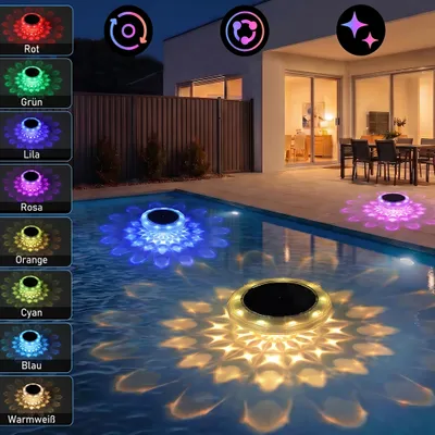 Produktbild von 2x RGB Solar Poolbeleuchtung 15cm, Schwimmende Poolleuchte mit Fernbedienung, 1200mAh Batterie, IP68 Wasserdichte Poolleuchten für Wanne, Schwimmbad