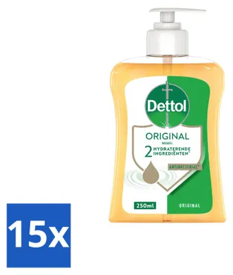Immagine prodotto di 15 flaconi di sapone liquido antibatterico per le mani Dettol, profumo originale, da 250 ml ciascuno. Confezione da 15 pezzi