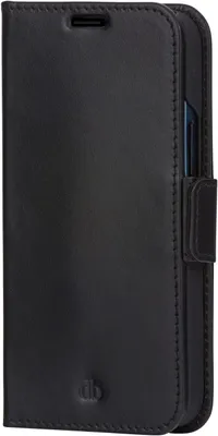 A black leather flip case for a smartphone is shown from the side.