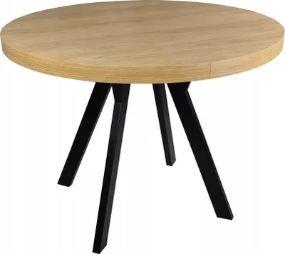 A round wooden table with black legs on a white background.