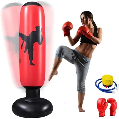Image de Sac de frappe gonflable - Sac de sable autoportant - Livré avec des gants de boxe - Idéal pour les entraînements de karaté - Permet de se défouler - À partir de 8 ans