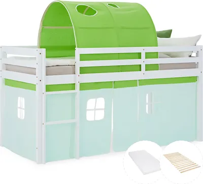 Produktbild von Homestyle4u 2979, Hochbett 90x200 mit Matratze Tunnel Vorhang grün Kinderbett Weiß Holz Massiv Stockbett Lattenrost