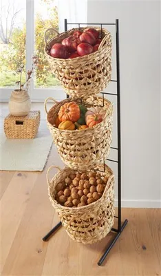 Image de Présentoir en métal avec 3 paniers en jacinthe d'eau, présentoir, panier à fruits, panier à légumes
