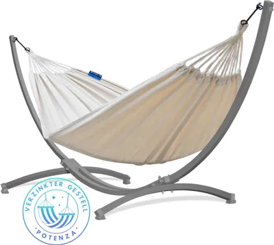 Produktbild von Potenza Outdoor Hängematte mit Verzinkter Gestell für 2 Personen I Baumwolle Doppelhängematte XXL 220x160, 200kg I Grau Hängemattengestell 220kg, wetterfest