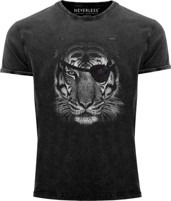 Produktbild von Herren T-Shirt Vintage Shirt Tiger Augenklappe Eyepatch Printshirt Aufdruck Used Look Slim Fit Neverless® schwarz XXL