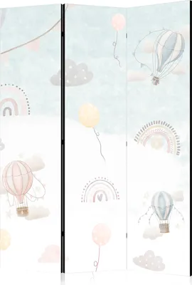 Produktbild von 3-teiliger Doppelseitiger Vlies Paravent - Balloons in the Sky - Balloons in Pastel Colors Flying in a Cloudy Sky - Among Rainbows and Stars 135x172 cm Für Kinder e-C-10070-z-a