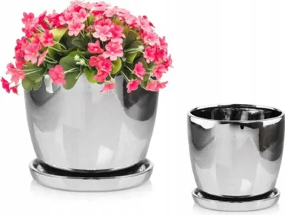 Zdjęcie produktu dla Doniczka ceramiczna srebrna z podstawką dekoracyjna 24x19cm
