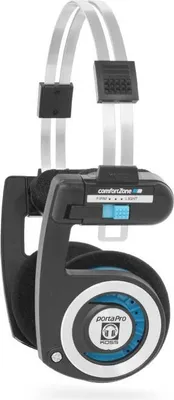 A close-up, studio shot of a pair of black Koss Porta Pro headphones.