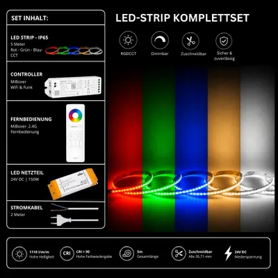 Produktbild von LED Streifen Set RGBCCT IP65 – COB LED Streifen 24V, 21 W/m, 5m, punktfrei – SS150 Netzteil, WL5 WiFi Controller  und  C5 Fernbedienung Weiß