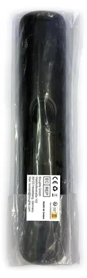 A black remote control is shown in its clear plastic packaging.