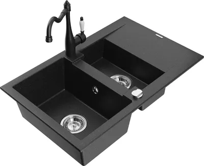 Produktbild von Mexen Gaspar 1,5-Becken-Granitspüle mit Abtropffläche und Mischbatterie Carla Schwarz/Silbermetallic - 6507-73-670700-70