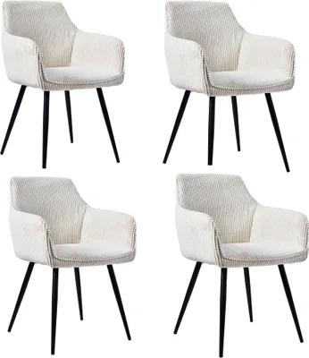 Four beige dining chairs with black legs are arranged in a grid against a white background.