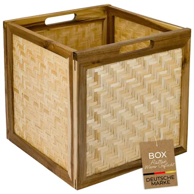 Produktbild von HMF Aufbewahrungskorb passend für Kallax Regale, Korb aus Rattan mit Wiener Geflecht und Akazienholz | Muster 1 | 32 x 34 x 32 cm, KI-generiertes Bild