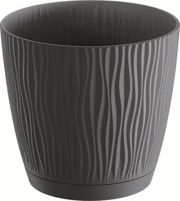 A dark gray textured plant pot with a matching saucer, isolated on a white background.