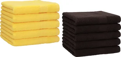 Produktbild von Betz 10 Stück Gästetücher 30x50 cm PREMIUM 100% Baumwolle Set  Farbe: gelb und dunkelbraun