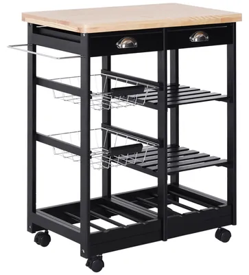 Image de Chariot de cuisine sur roulettes - Chariot de service - Structure en bois - Étagère - Petite table d'appoint mobile pour la cuisine - Noir