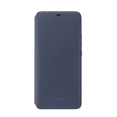 A blue Huawei flip case for a phone, shown closed and upright against a white background.