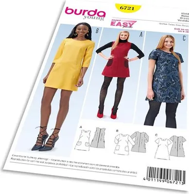Obrázok produktu pre Strih Burda 6721 - Áčkové šaty, mini šaty, šaty s vreckami