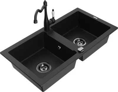 Produktbild von Mexen Mario 2-Becken-Granitspüle mit Mischbatterie Carla, Schwarz - 6504-77-670700-70-B