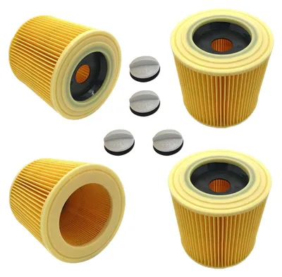 A collage of four yellow cartridge filters and four small gray cap-like objects, likely spare parts or accessories, arranged against a white background.
