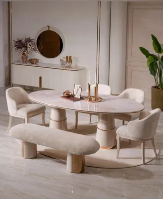Productafbeelding van Beige eethoekset: eettafel, stoelen, bank, dressoir, spiegel, eetkamer meubels