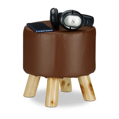 Produktbild von Relaxdays Hocker Kunstleder, gepolstert, 4 Holzbeine, flacher Fußhocker, runder Dekohocker, H x D: 30 x 30 cm, braun