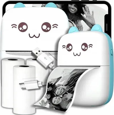 Produktbild von Drukuś Mini-Thermodrucker Blaue Mini-Katze + Rolle Tapeten