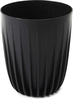 A black planter pot with a ribbed texture.