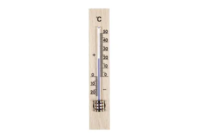 A close-up shot of a wooden thermometer against a white background.